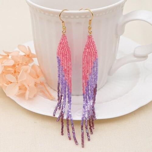 Bohemian Style Peacock Blue Beaded Miyuki Piercing Earring Fine Rice Bead Woven Long Gradient Tassel Earrings Dangle Hoop Ear