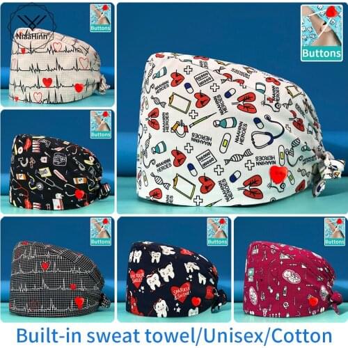 New style print Spa Frosted Hat Adjustable Cotton Scrubs hat beauty salon work scrub Caps laboratory pet shop Health Workers Cap