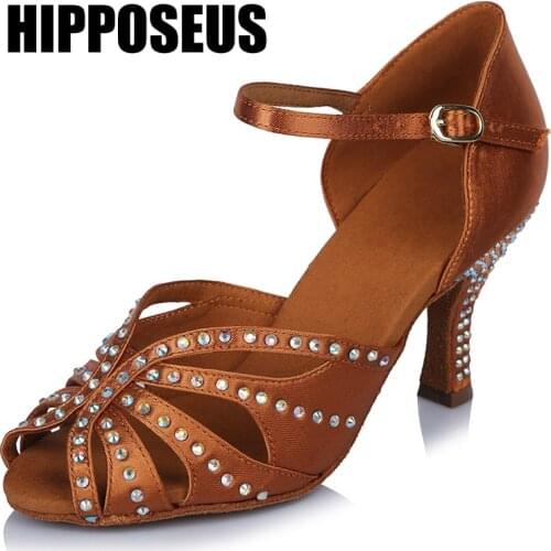Hipposeus Ballroom Dance Shoes Women Latin Girls Salsa Dancing Shoes Ladies Rhinestone Tango Modern High Heel Suede Dance Shoes