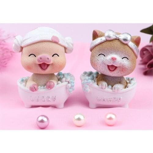 Shaking Head Cat Car Ornament Miniature Piggy Animal Figurine Resin Craft Birthday Cake Baking Decoration Supplies Kid Girl Gift