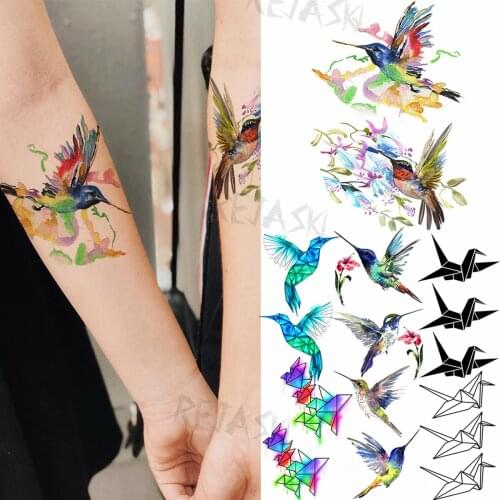 Watercolor Hummingbird Temporary Tattoos For Women Adult Flowers Paper Cranes Birds Realistic Fake Tattoo Washable Animal Tattoo