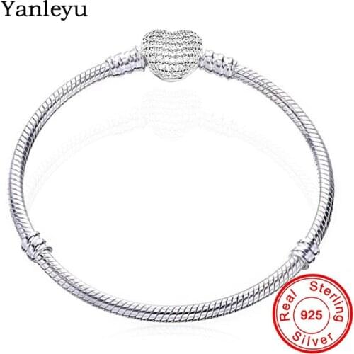 Yanleyu Original 100% 925 Sterling Silver Bracelet Bangle Charm Heart Snake Chain Basic Bracelets Pan Women DIY Jewelry PB040