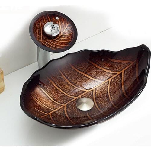 Tempered Glass Bathroom Antique Washbasin Creative Leaf shape Art Basin Glass Vessel Sink +waterfall tap faucet