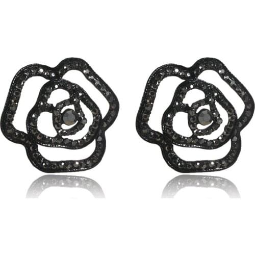 Vintage Big Hollow Black Flower Stud Earrings With Full Crystal Flower Cubic Zirconia For Women Black Color Party Jewelry