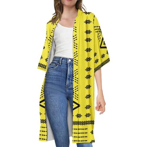Factory Outlet Samoan Polynesian Print Pattern half Bell Sleeve Classic Plus Size yellow Cardigan Long Cardigan for Women Coat