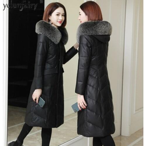 Winter Sheepskin Coat Real Leather Jacket Women Fox Fur Collar Hooded White Duck Down Jackets for Women Long Coats 2020 KJ5852