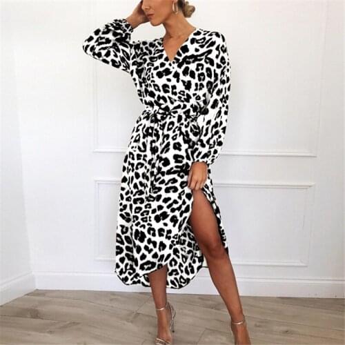 Women Leopard Chiffon Long Dress Long Sleeve Deep V-neck A-line Sexy Party Dress Loose Beach Dress Vestidos de fiesta
