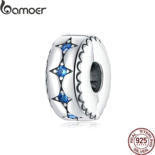 Bamoer Round Star Bead 925 Sterling Silver Blue Zircon CZ Charm Clip Stopper for Bracelet Bangle DIY Accessories BSC443