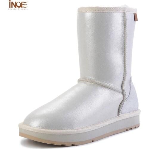 INOE Real Sheepskin Leather Natural Sheep Fur Lined White Snow Boots for Women Winter Boots Waterproof Warm Shoes High Quality