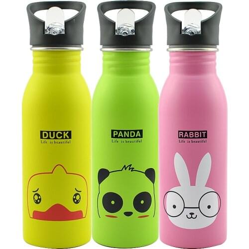 Bpa Free 500ml Sports Outdoor My Straw Water Bottle Stainless steel Cute Animal Pattern Portable Mountaineering buckle Kettle