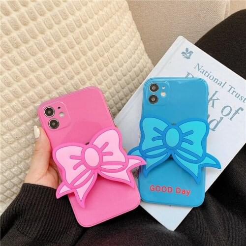 3D Blue bow-knot holder stand phone case for iphone 11 12 Pro Max X 10 XS Max XR 7 8 plus Socket cover coque girl gift