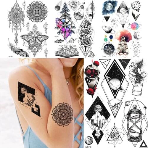 GoldOcean Black Geometric Planet Mandala Flower Fake Tattoos Stickers Men Arm Waterproof Tattoo Temporary Women Body Foream Tato