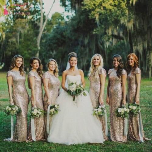 Elegant Backless Gold Sequin Long Bridesmaid Dresses Sexy Bridesmaids Gowns robe demoiselle d'honneur wedding Guest Dress JQ83