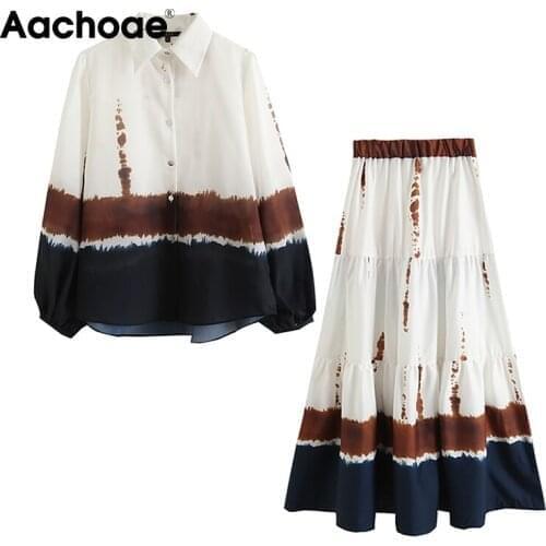 Aachoae Women 2 Piece Set Elegant Tie Dye Printed Batwing Long Sleeve Turn Down Shirts Tops With High Waist A Line Midi Skirts