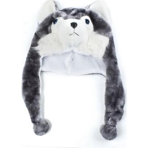 Cartoon Animal Husky Wolf Fluffy Plush Hat Cap Scarf Earmuff Adult Kids Women Girl