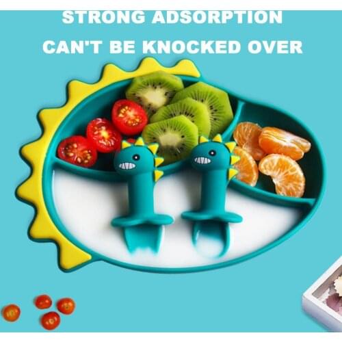 Home School Outdoor Cartoon Dinosaur Unbreakable Multi-grid Design Silicone Children Feeding Food Plate Kid Eat Training