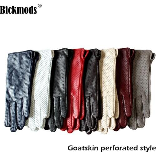 Goatskin leather gloves female spring and autumn wear thin fashion perforated silk in outdoor motorcycle riding and driving
