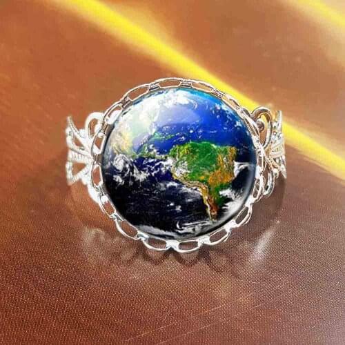 QiYuFang Glass Cabochon Ring Fashion Earth Jewelry Vintage Summer Style Bronze Statement Chain Rings