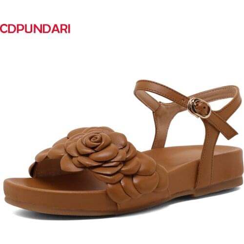 Ankle Strap Genuine Leather Flower Flat Platform Sandals Women Summer Casual Shoes Sandales Femmes 2021 Sandalias Mujer