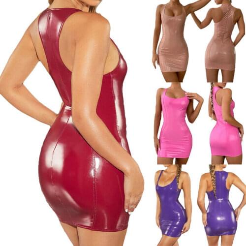 Sexy Women Sleeveless Wetlook PU Leather Zipper Bodycon Deep O neck Short Mini Dress Evening Party Clubwear Slim Hip Dress New
