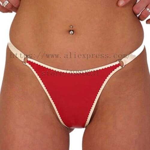 Sexy 100% handmade latex briefs womens latex T-back in red with white trim colors