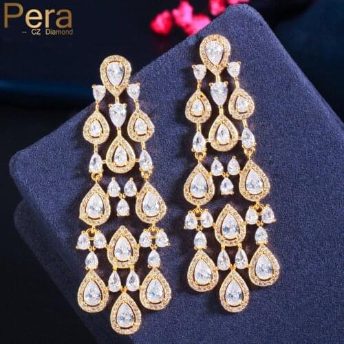 Pera High Quality African Cubic Zirconia Yellow Gold Long Dangle Chandelier Drop Earrings for Women Fashion Accessories E666