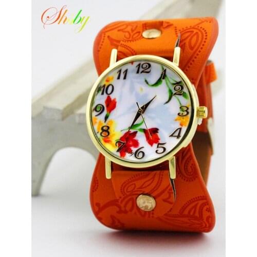 Shsby new Printed leather Bracelet Wristwatch Wide band Dress Watch with lovely flowers Fashion Women Casual Watch girls gift