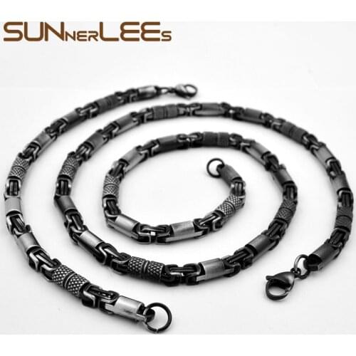 SUNNERLEES 316L Stainless Steel Necklace Bracelet Set 6mm Geometric Byzantine Link Chain Gold Silver Color Men Women SC42 S