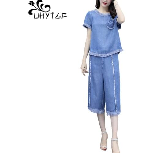 UHYTGF Womens sportswear fashion tassels Denim summer 2 piece set female wide-leg pants casual Plus size two piece set women 925