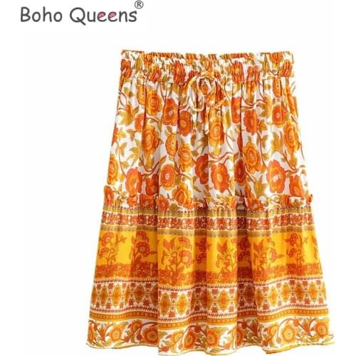 Boho Queens Hippie women orange floral printed tassel boho skirt ladies high elestic waist rayon cotton Bohemian mini skirts