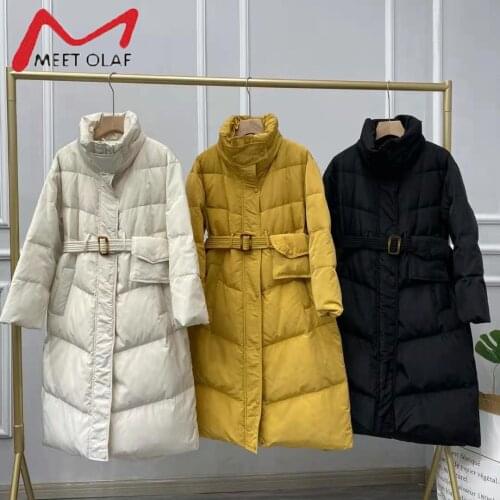 Womens Winter Jacket 2021 90% Duck Down Coat Stand-up collar Korean Belt Pouch Puffer Jacket Slim Thick Warm Long Parkas