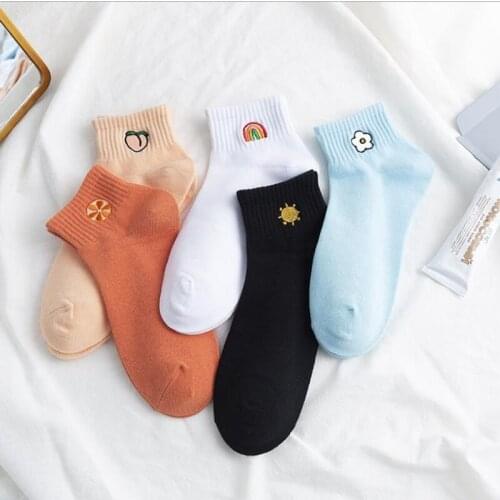 Spring and Summer New Embroidered Women Socks, Cute Cartoon Peach Rainbow Flower Sun Pattern Short Mouth Breathable Fashion Sock