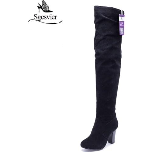 SGESVIER Women Boots 2017 Winter New Fashion Casual Sexy High Heel Over-the-high Round Toe Zipper Size 34-45 Lady Shoes OX103