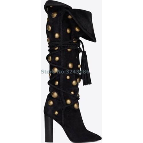 Black Faux Suede Rivet Chunky High Heel Mid Calf Boots Turned Over Edge Pleated Lady Boots Cross Tied Tassel Slip On Boots