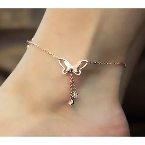 Fashion Summer Temperament Hollow Butterfly Double Drill Tassel Rose Gold Bracelet and Ankle Chain Jewelry