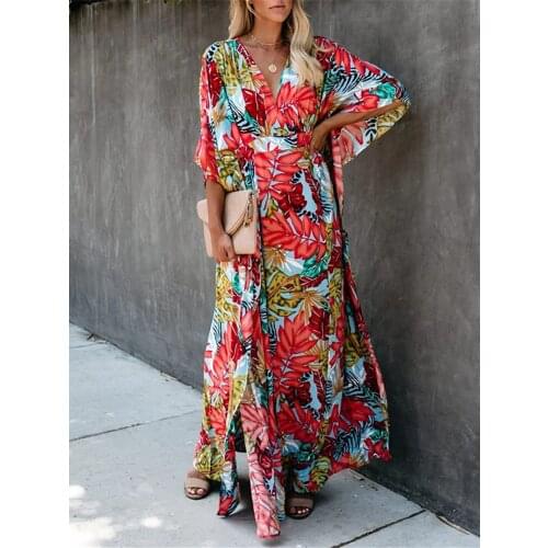 Plus Size Retro Floral Print Kimono Loose Long Sleeve Chiffon Blouse Casual Loose Beachwear Cover Up Shawl Women Robe Dress 2021