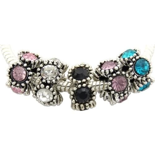 20 Vintage Silver Color Mix Pink White Black Purple Blue Rhinestone Big Hole Beads Fit European Charm Bracelet Jewelry DIY EE56