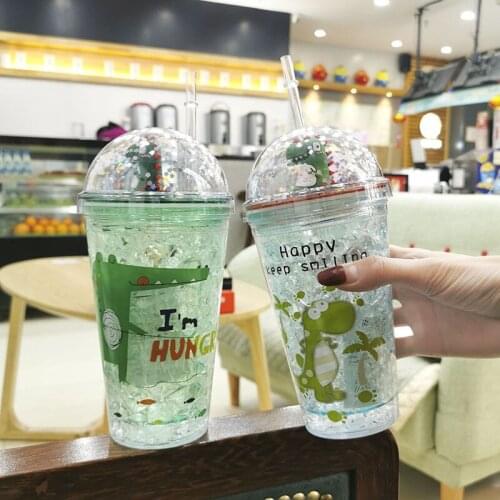 3D Dinosaur summer ice cup juice cup stainless steel double straw cup decoration boy and girl outdoor beverage Ice Cups Supplies