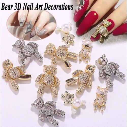 3D Luxury Gold Bear Alloy Zircon Nail Art Crystals Nail Jewelry Rhinestone Rotatable Love Nails Accessories Decorations Charms