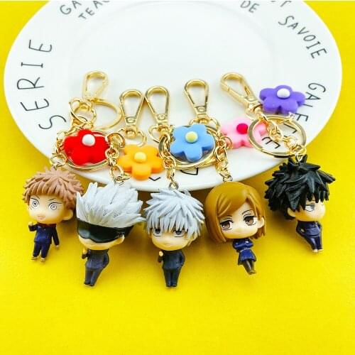 5 Pcs/lot Anime Jujutsu Kaisen Keychain Toys Fushiguro Megumi Kugisaki Nobara Key Ring Bag Pendant with Flower Toy Gifts