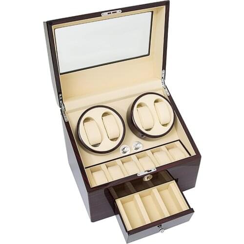 Automatic Ebony Baking Finish Watch Winder Display Box 4+9 Storages Brown PU Leather Interior