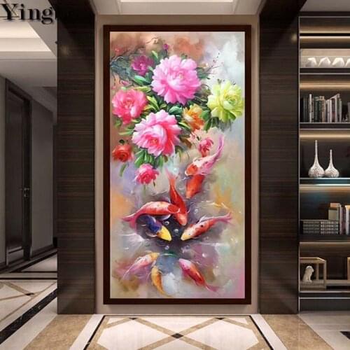 Large Diy Diamond Painting Chinese style peony Full Square/Round Daimond Embroidery Koi fish 5D Cross Stitch Mosaic Rhinestone