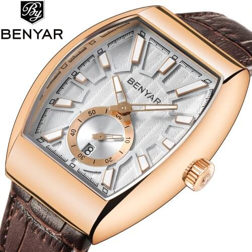Business Watch Men Waterproof Leather Barrel shape Sport Quartz Wristwatch Male Clock Relogio Masculino BENYAR Brand Relogio