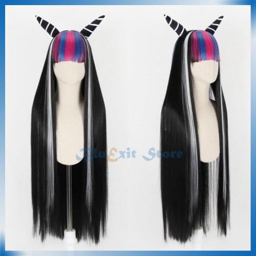 Danganronpa V3 Mioda Ibuki Wig Horns Dangan Ronpa Killing Harmony Cosplay Hair Black Mixed Long Straight Comiket Role Play