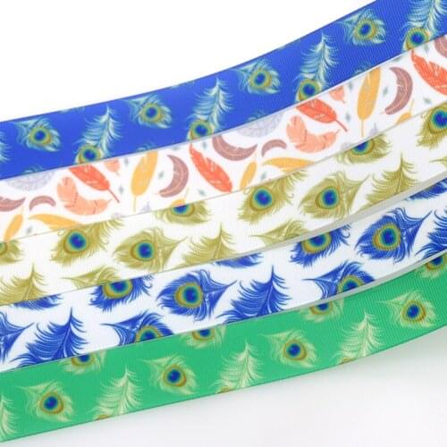 DHK 50yards Feather Peacock Printed Grosgrain Ribbon Accessory Hairbow Headwear Decoration DIY Wholesale OEM S1468