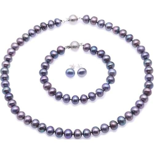 10mm gray black real pearl Women Jewelry set necklace bracelet stud earrings AAA Cultured freshwater pearl