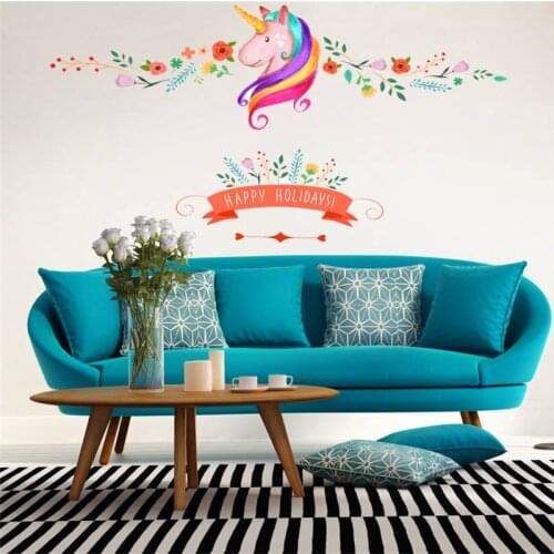 Colorful flower floral unicorn wall sticker for kids room girls room window holidays decor animal wall decals art Christmas gift