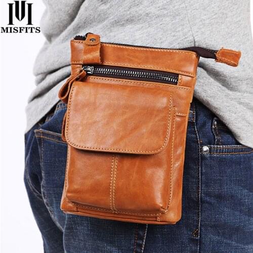 MISFITS Genuine Leather Belt Waist Packs Men Bags Vintage Men Shoulder Crossbody Bag Male Messenger Bags Phone Small Waist Bag