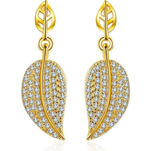 Fashion Golden Angel Wing Drop Earrings For Women Shiny Micro Crystal Paved Hollow Leaf Charm Piercing Earring Jewelry Accessory