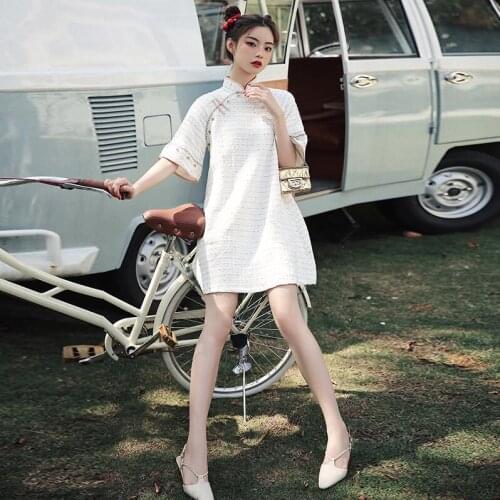 Autumn and winter Knitted loose white cheongsam improved retro Chinese Japanese fashion casual elegant young girl dress